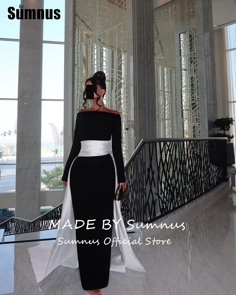 SUMNUS สีดําและสีขาวตรงชุดราตรี Elegant ปิดไหล่ชุดเดรสยาวอย่างเป็นทางการชุดรถไฟที่กําหนดเอง