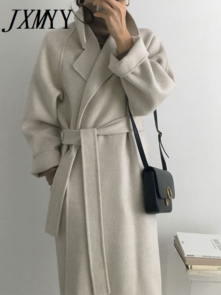 JXMYY French Lazy Style Warm Female Fresh Winter 2025 Classical Belt Retro Loose Women Woolen Coats Chic Casual Long Coat Long