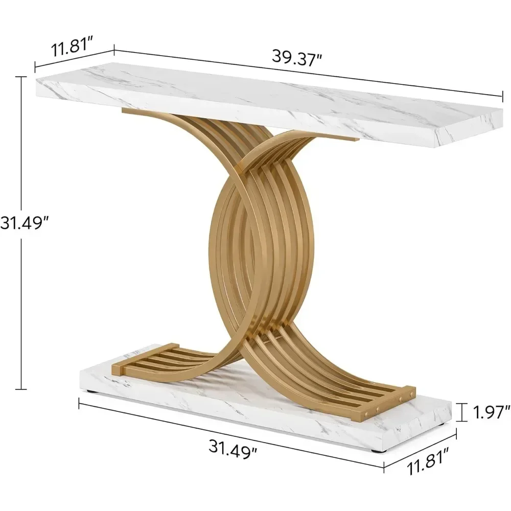 Mesa de entrada dourada, console moderno de 39 polegadas com pernas de metal geométricas, mesa de sofá de madeira estreita de mármore falso, hall de entrada para entrada