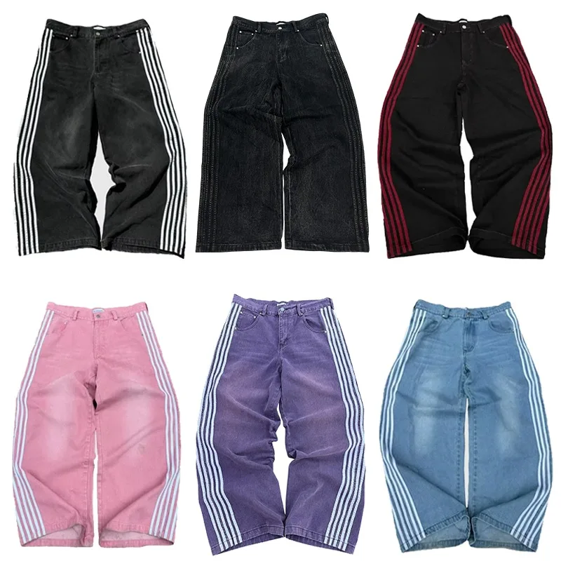 Y2K pantalones vaqueros holgados Harajuku bordados a rayas ropa de calle vintage de alta calidad Hip Hop gótico hombres mujeres pantalones vaqueros de pierna informales anchos