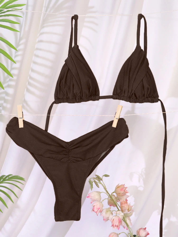 Conjunto de Bikini con pliegues para mujer, microbikinis lisos, traje de baño triangular para mujer, ropa de playa
