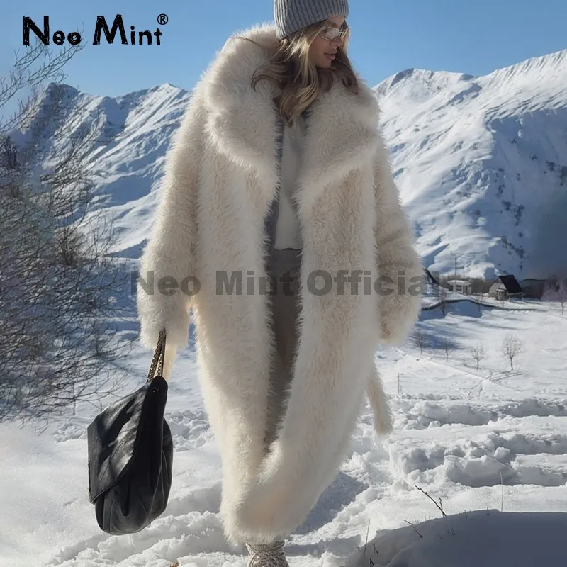 Neo mint 2025 marca de inverno moda estilo russo menina com cinto maxi casaco de pele peluda feminino jaqueta de pele de cordeiro falso quente grosso outerwear