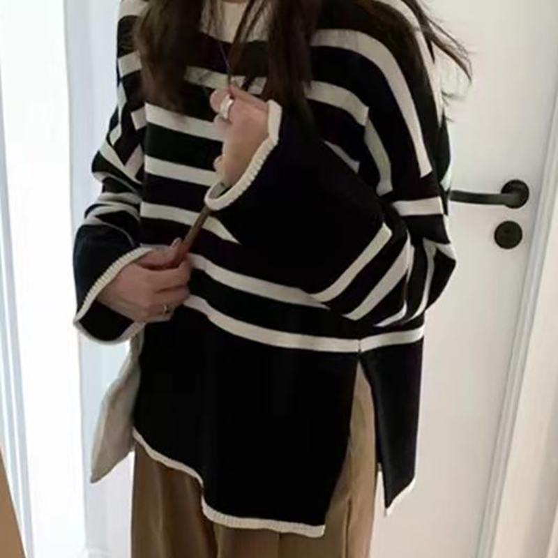 HELIAR Frauen Gestreiften Lose Warme Pullover Oansatz Langarm Gestrickte Pullover Casual Pullover Für Frauen 2024 Herbst Top
