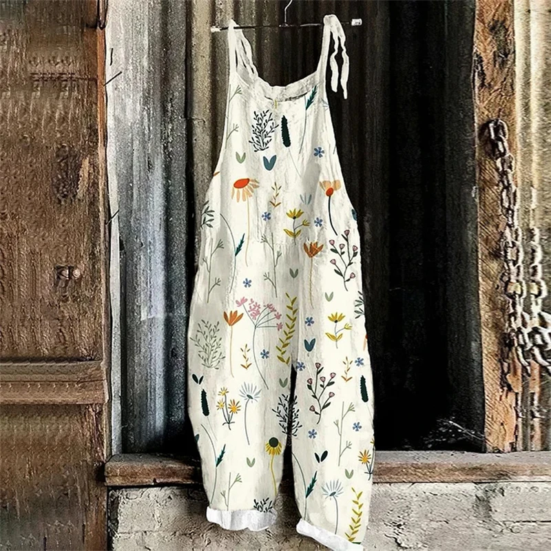 2025 nieuwe dames zomer bloemen bedrukte bretels vintage kleur bloemen olieverfschilderij kunst patroon casual losse broek uit één stuk