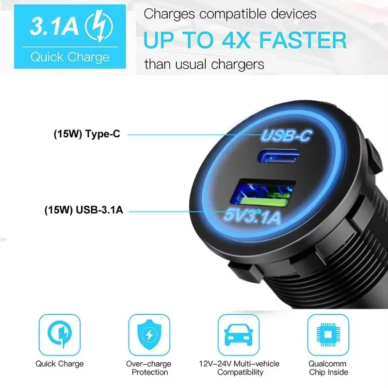 Carregador universal para carro e motocicleta, luz led usb TYPE-C, tomada de energia, cigarro, luz à prova d'água para caminhão, atv, barco