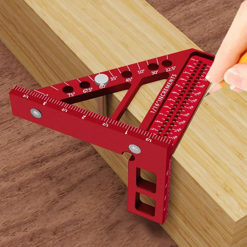 3D Multi-Angle Woodworking Square Protractor, Aluminum Alloy Miter Triangle Ruler T-Type Scriber - 22.5/30/45/60/67.5/90 Degree