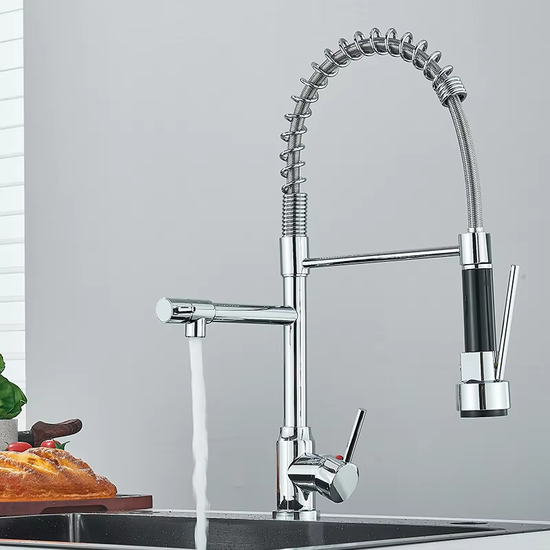 Black/Silver Kitchen Faucet with Pull-Down Sprayer, Deck Mount Hot and Cold Water Mixer Faucet, Dual Spout Faucet, Crane