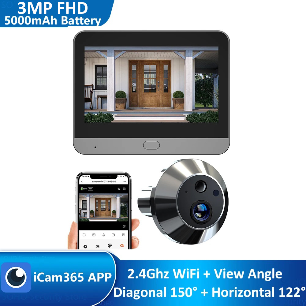 Mini cámara Digital inteligente de 3MP con mirilla para puerta, 2,4 Ghz, WiFi, infrarrojos, visión nocturna por infrarrojos, detección de movimiento PIR, visor Digital, aplicación iCam365