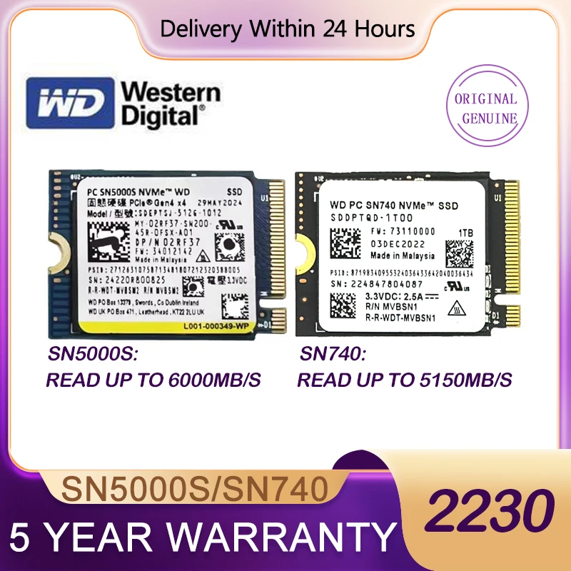 Western Digital WD SN740 SN5000S M.2 2230 SSD 2 to 1 to 256 go NVMe PCIe Gen4 x4 pour ordinateur portable Microsoft Surface Pro X 3 Steam Deck