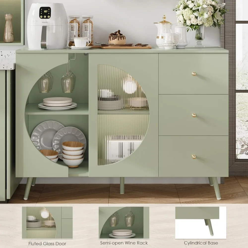 Coffee Bar Cabinet with Fluted Glass Door, Modern Cream Style Buffets & Sideboards with Wine Glass Rack
