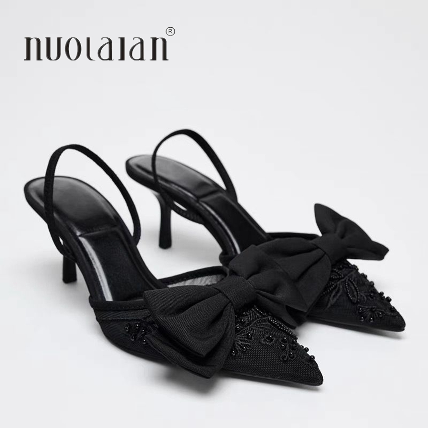 Woman Bowknot Pointed Toe Black High Heels Pumps 2025 Fashion Mesh Fabric Slingback Women Sandals Sexy Stiletto Woman Shoes
