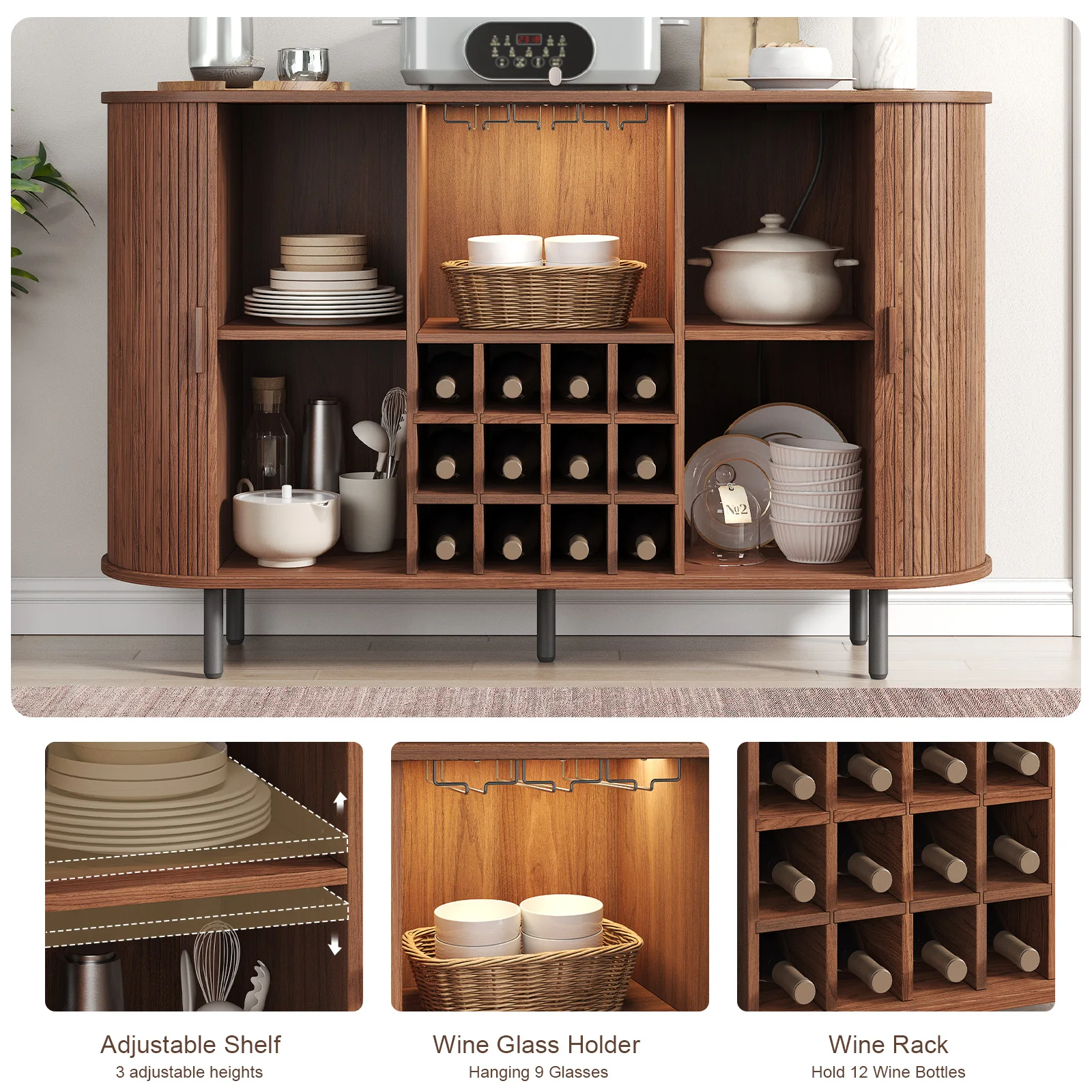 Wine Bar Cabinet w/ LED Light,Liquor Cabinet for Home,Coffee Bar Cabinet w/ Wine Rack & Glass Holder,Walnut Buffet Sideboard