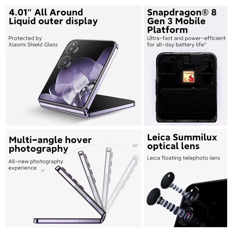 Globale Version Xiaomi MIX Flip Snapdragon 8 Gen 3 Smartphone 4.01“ Rundum Flüssigaußendisplay 4780mAh Xiaomi Surge Akku