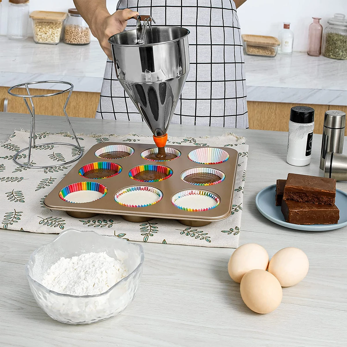 Dispenser adonan Pancake, alat dapur Multi kaliber baja tahan karat dengan dudukan untuk membuat kue mangkuk