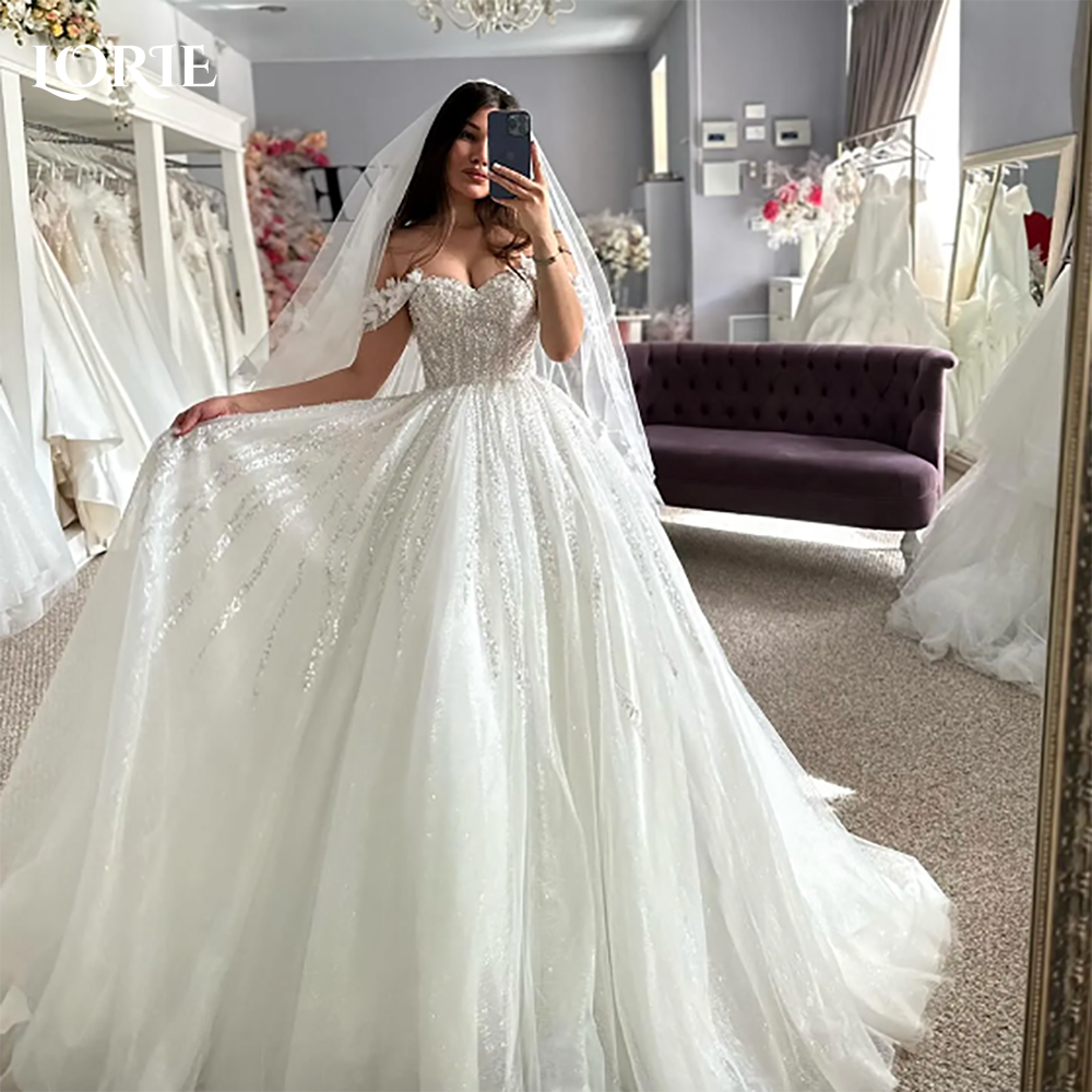 LORIE-vestido de novia Vintage de encaje con purpurina, corte en A, brillante, con hombros descubiertos, escote en forma de corazón, vestido de novia de princesa brillante personalizado