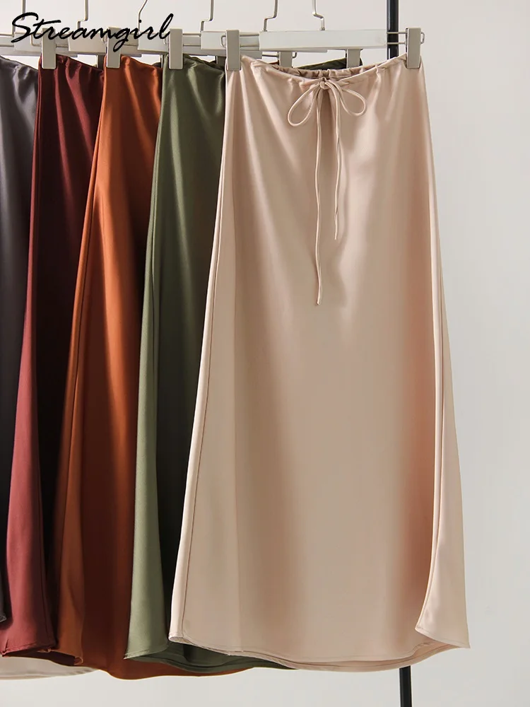 Faldas largas color champán para mujer, falda elegante de satén de lujo, faldas largas de color Beige con corte en A, color verde militar, otoño 2024
