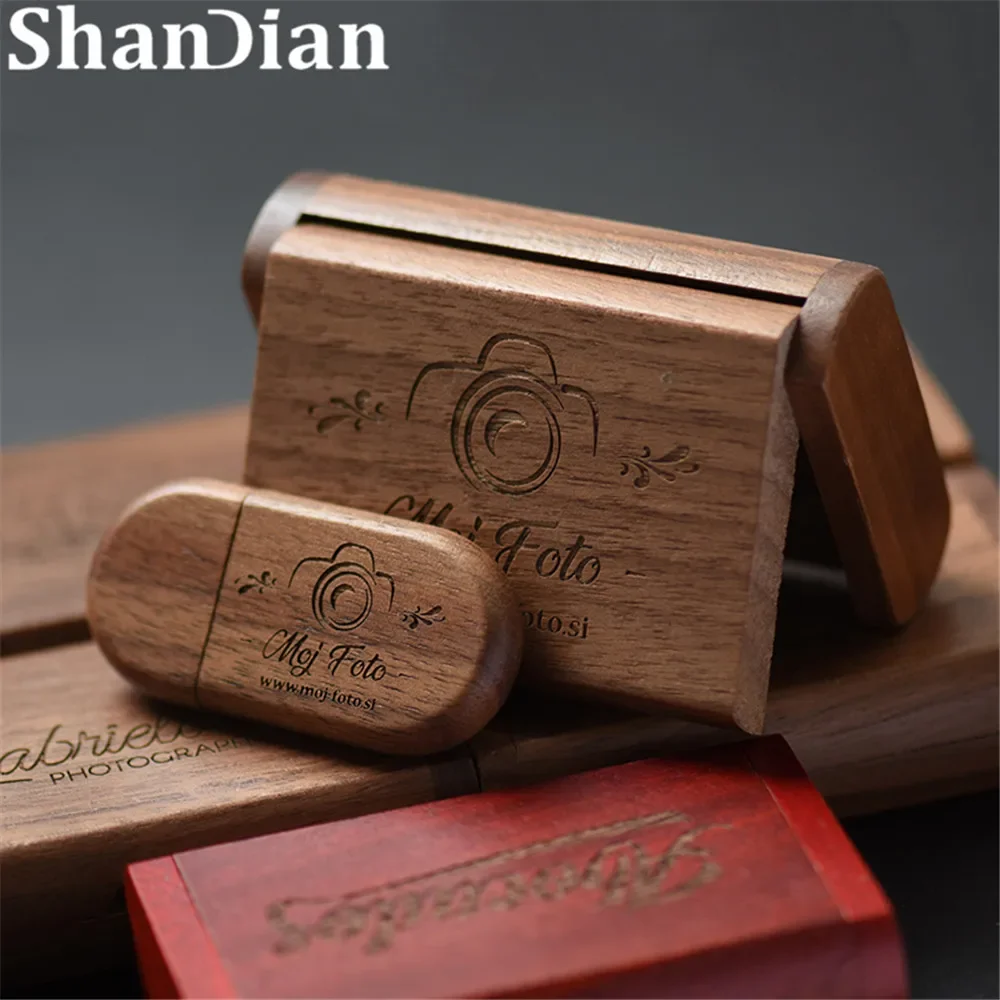 SHANDIAN ฟรีโลโก้ไม้ + กล่อง USB 2.0 ไดรฟ์ปากกา 4GB 16GB 32GB 64GB แฟลชไดรฟ์ Memory Stick การถ่ายภาพงานแต่งงานของขวัญ U Disk