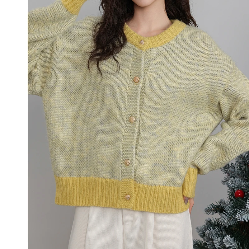 HELIAR Single-breasted เสื้อสเวตเตอร์ถักแขนยาว Patchwork ถักเสื้อกันหนาว O-คอสบายๆเสื้อสํานักงาน Outerwear ฤดูใบไม้ร่วงฤดูหนาว