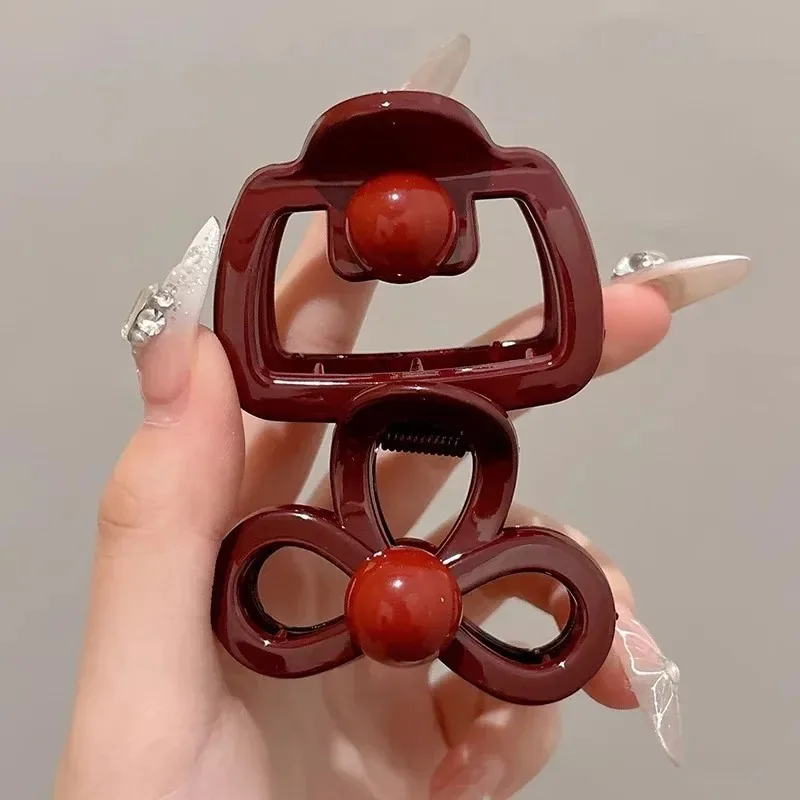 빈티지 블루 물방울 무늬 레드 리본 헤어 클립 샤크 클로 클램프 헤어핀 바레트 한국 헤어 액세서리 여성용 2개 세트