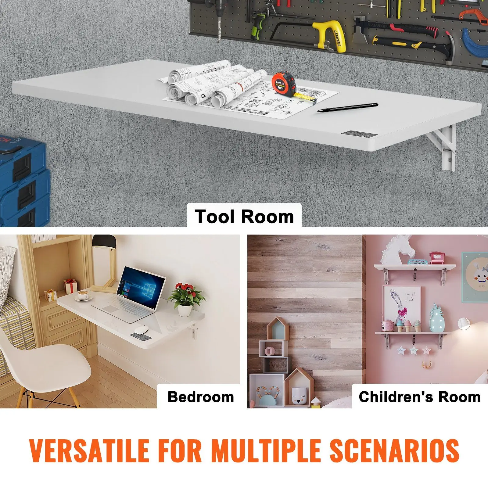 "35" Wall-Mounted Folding Table – Space-Saving Drop Leaf – Ideal for Home Office & Kitchen (White)"