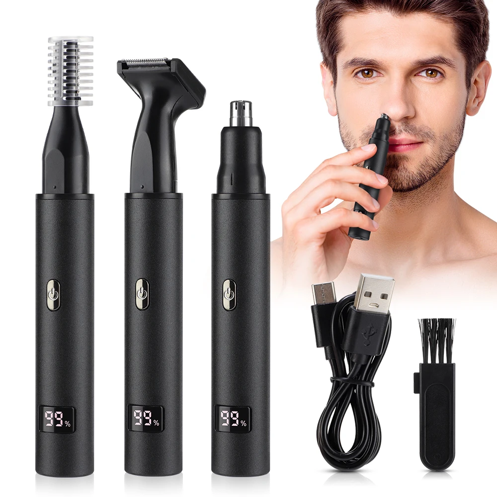 Cortadora de pelo eléctrica 3 en 1 para hombres, pantalla LED, patillas indoloras, cejas, barba, afeitadora, recargable por USB