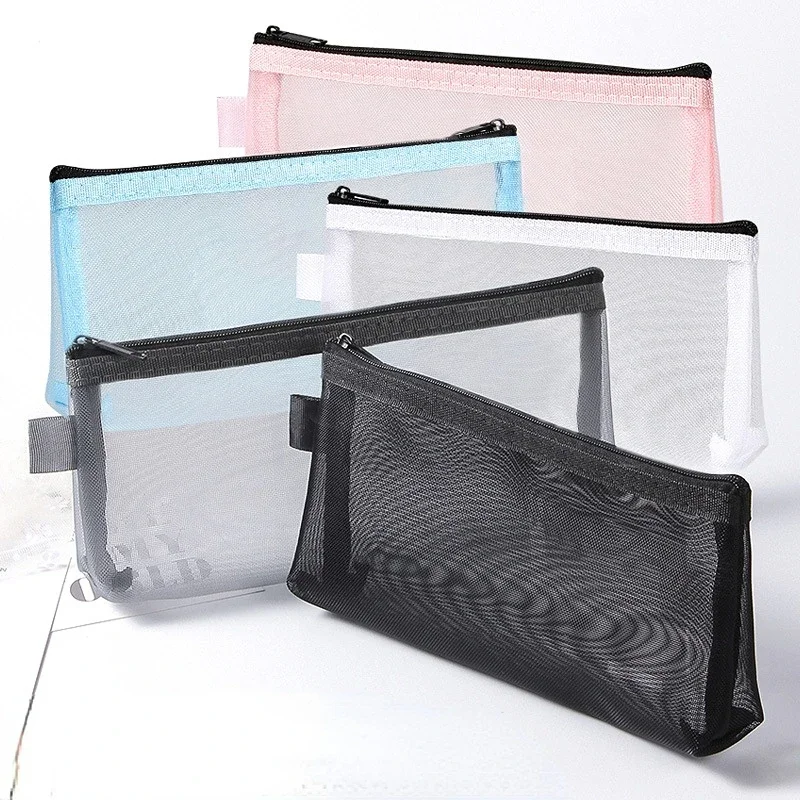 Grau Schwarz Make-Up Fall Große Kapazität Mesh Transparent Kosmetik Pinsel Taschen Studenten Einfarbig Zipper Nylon Federmäppchen