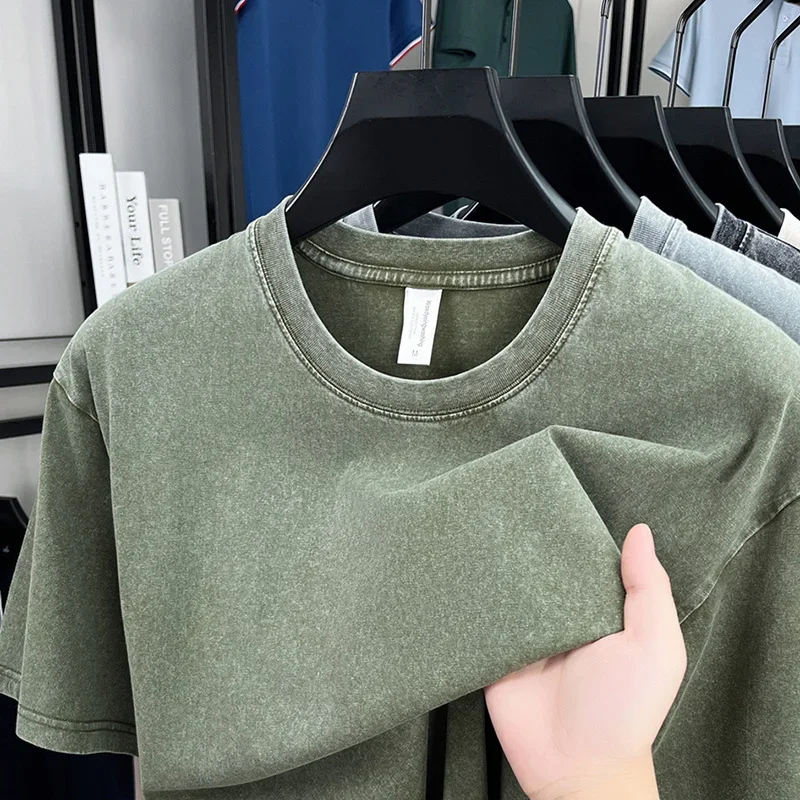 T-shirt a maniche corte tinta unita pesante stile americano retrò uomo donna estate strada trendy lavato vecchi vestiti oversize