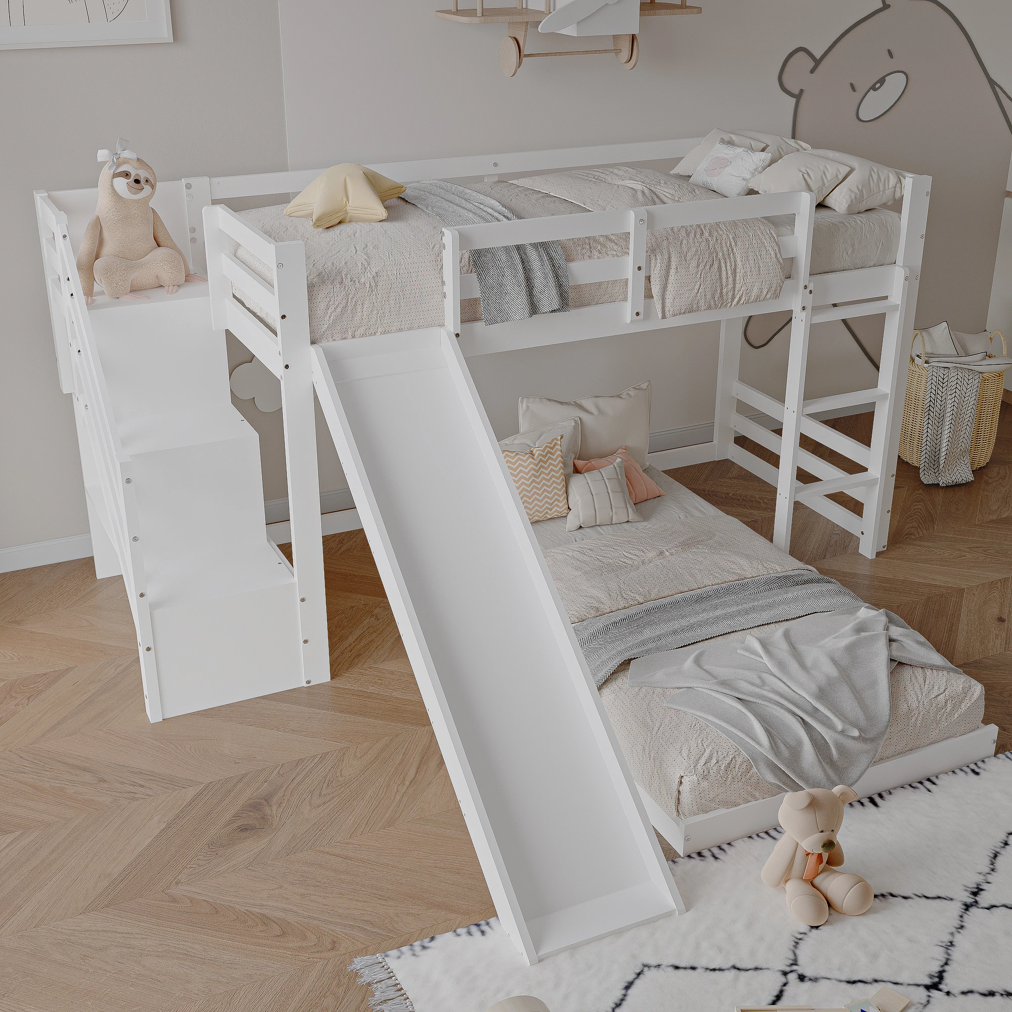 Letto per bambini, letto a castello 90x200 cm con cassetti portaoggetti, letto a castello con protezione anticaduta e scala inclinata, letto in legno massello Fram