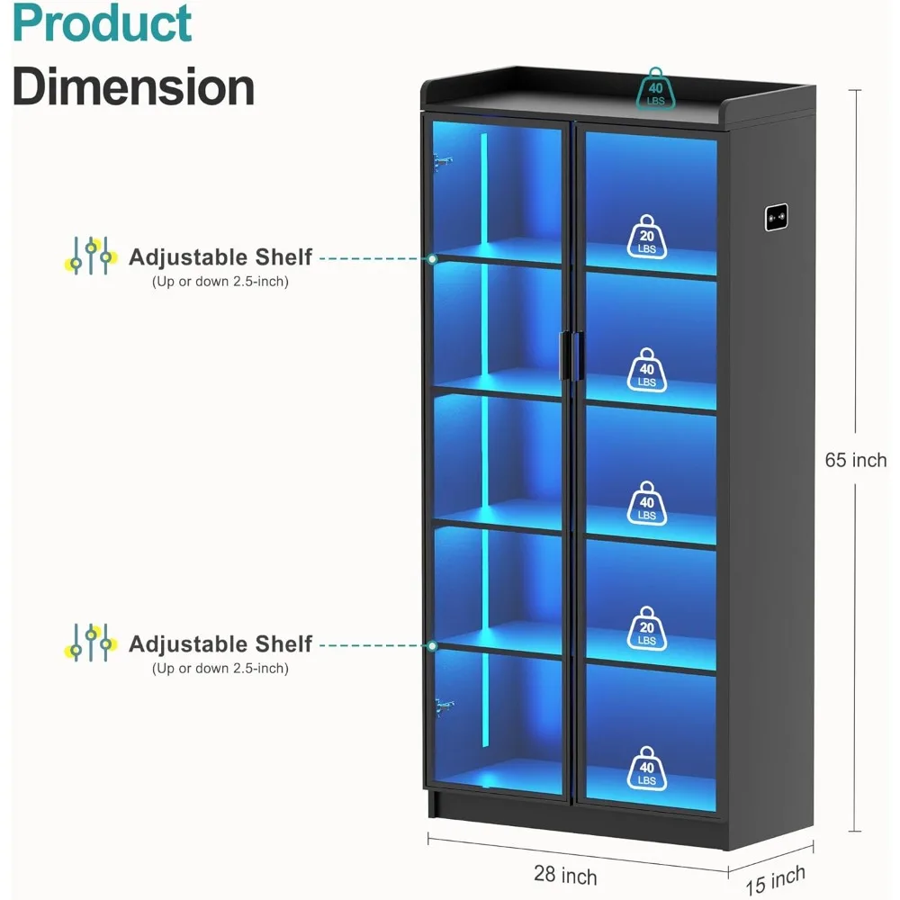 66" Display Cabinet with LED Lights, 5 Tier Curio Cabinet Bookcase with Adjustable Shelves, Tall Storage Cabinet with Human Bod