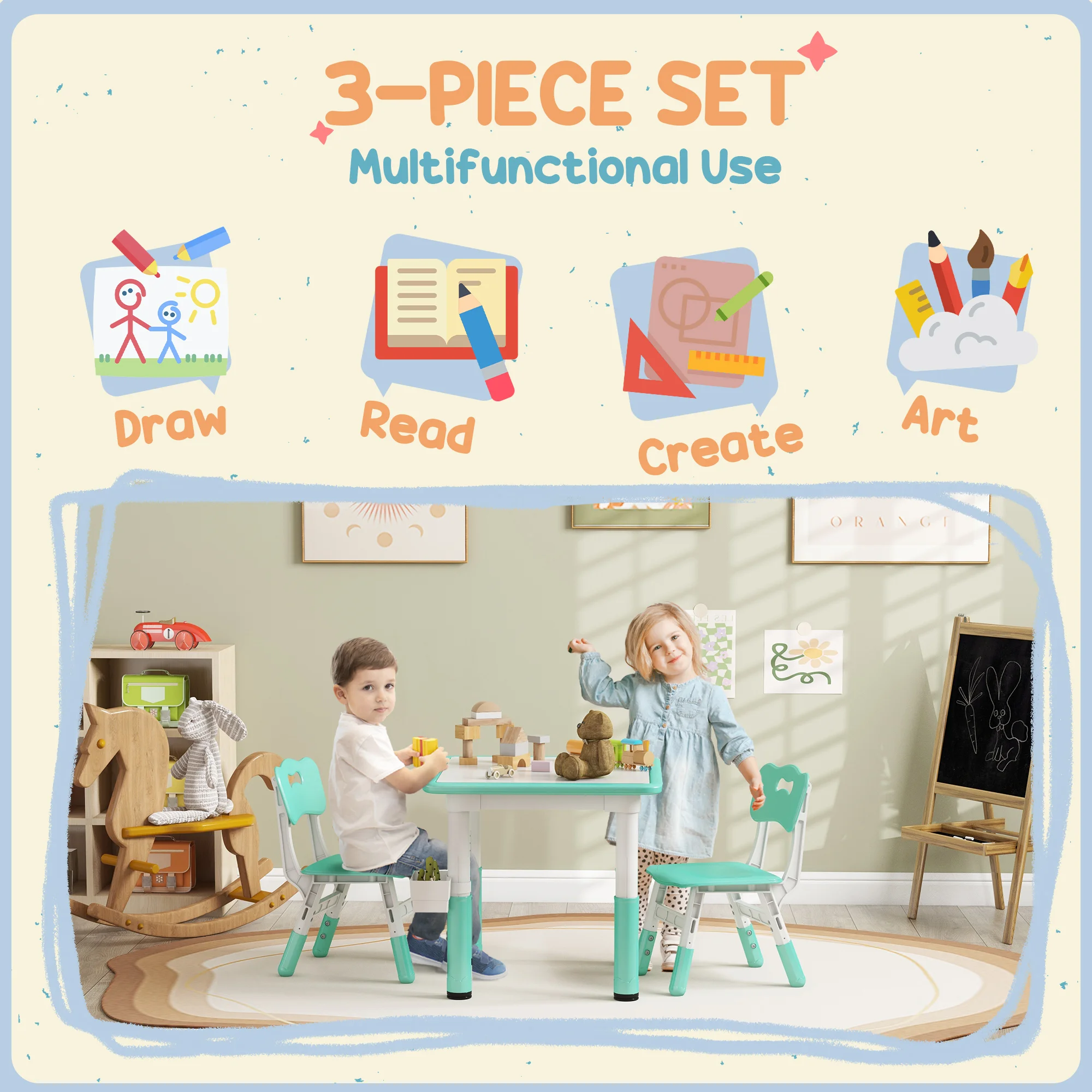3 Pieces Height Adjustable Kids Table and Chairs for Daycare, Green