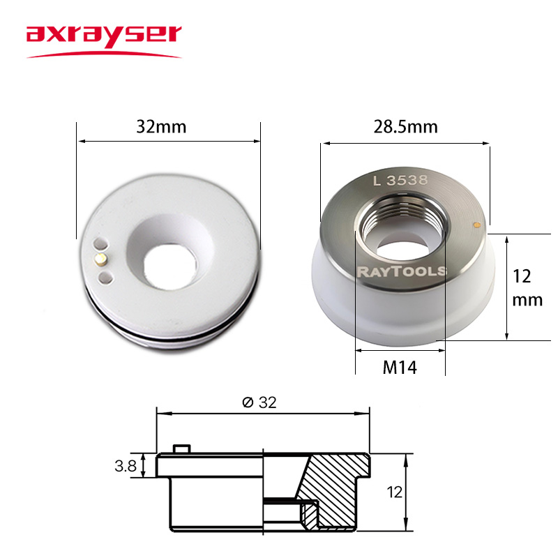 Raytools Oryginalny pierścień uchwytu dyszy laserowej z ceramicznym korpusem Dia32mm M14 Zielone pudełko do głowicy tnącej światłowód BT230 BT240 BMH110 114etc.