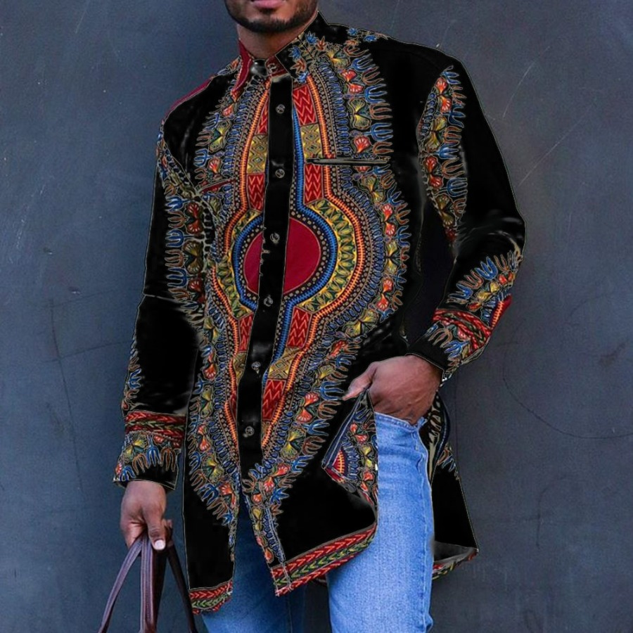 2025 roupas masculinas gola dourada impressão camisa de manga longa na moda hip hop áfrica roupas casuais estilo étnico meados de comprimento topo