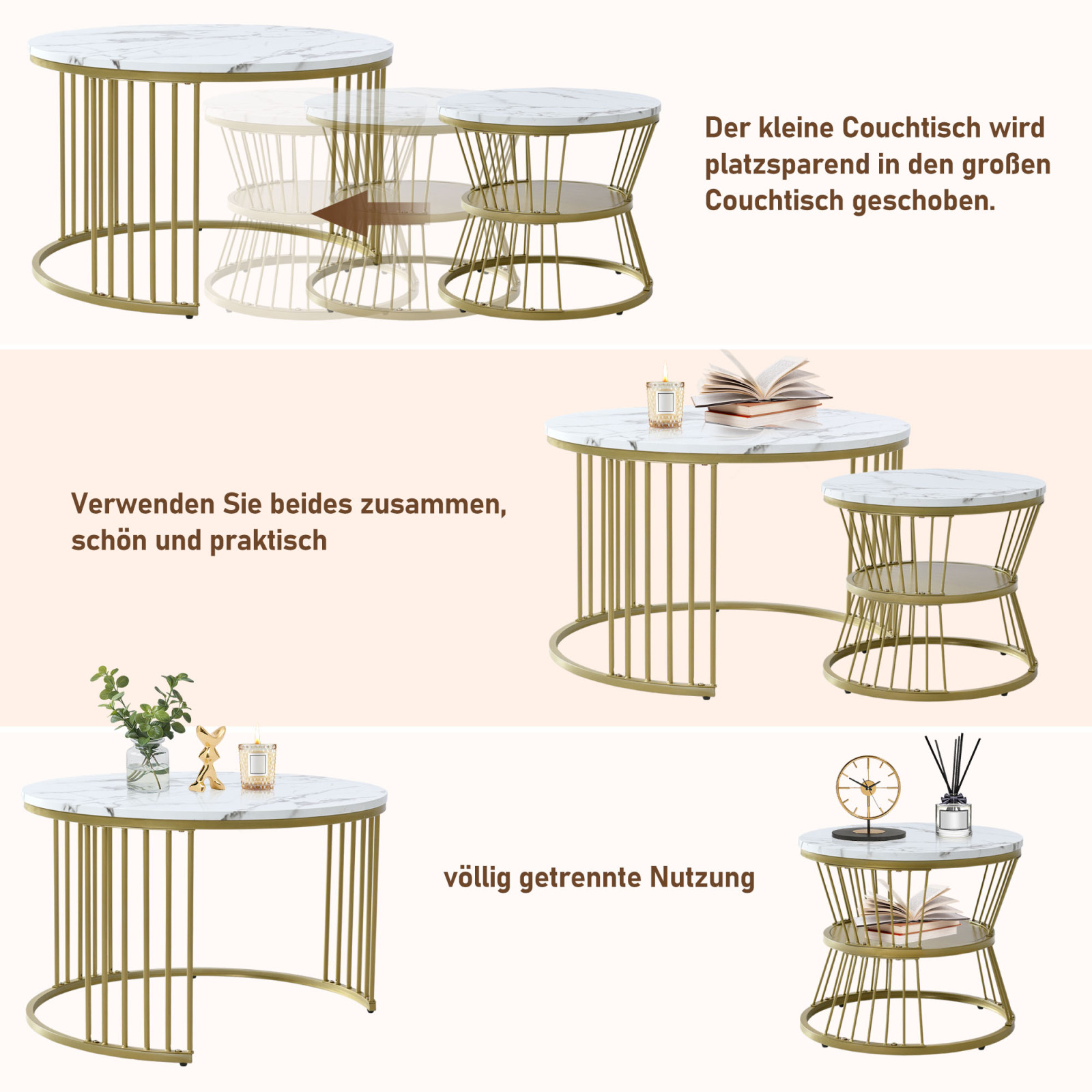 Ensemble de table basse imbriquée moderne, table basse en marbre, tables rondes, cadre de couleur dorée, 200 000 pages de canapé, 2 pièces