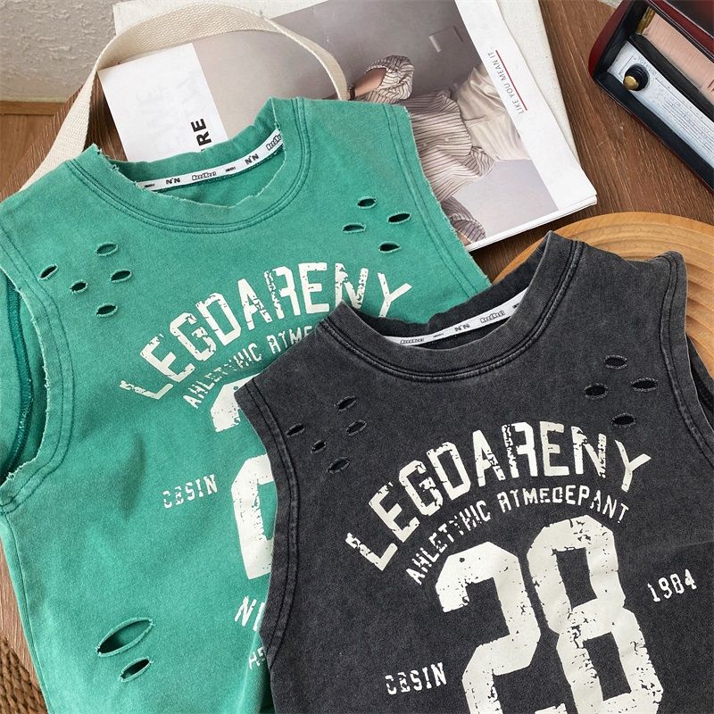 Verano guapo niños nuevo desgastado negro puro algodón sin mangas camiseta perforada estilo suelto camiseta sin mangas para bebé