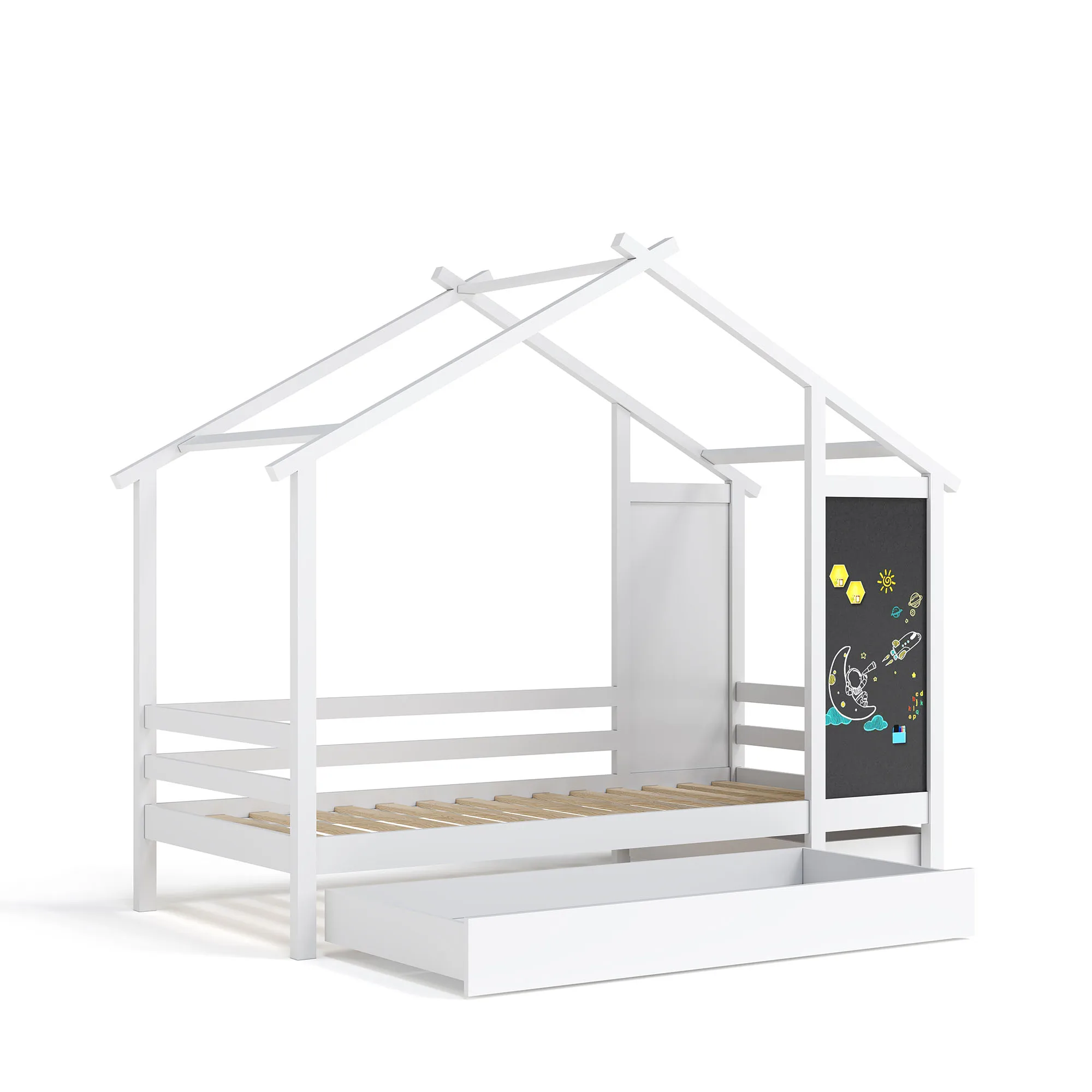 Lazyspace Estructura de cama infantil blanca 90x200 cm, cama casera de madera para niños, con pizarra y 2 cajones