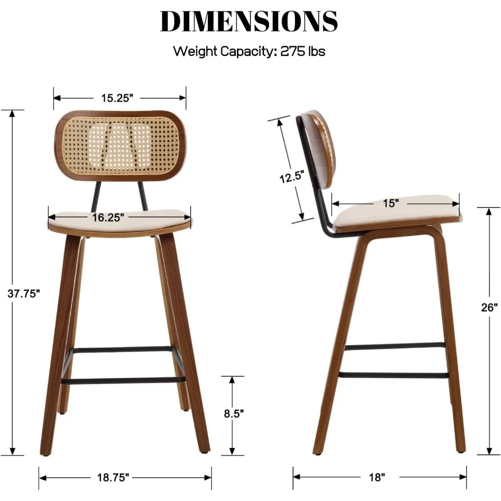 Modern Bar Stools Set of 2 26 Counter Height Barstools with Rattan Back PU Upholstered Kitchen Island Chair with Solid Wood Legs
