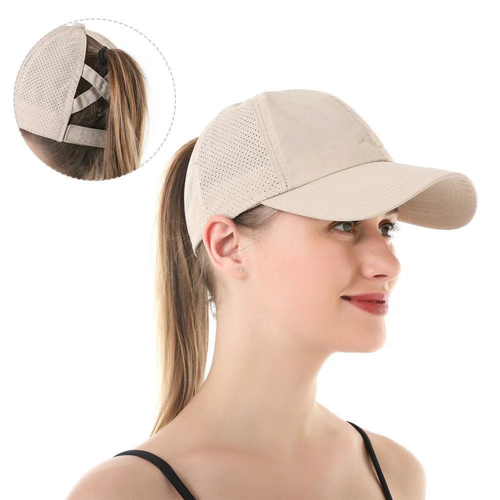 ฤดูร้อนสีทึบเบสบอลหมวกผู้หญิง Athleisure CROSS หางม้าหมวกตาข่าย Quick-Drying หมวกหมวก Visor