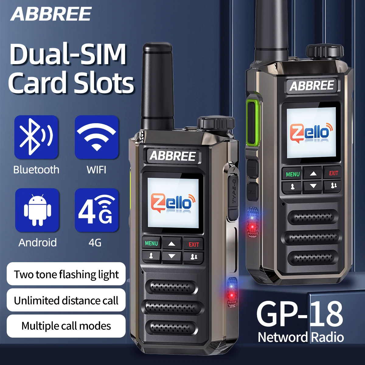 ABBREE GP-18 2G/3G/4G Zello Walkie Talkie Dual Sim Karte Slots Global POC Android Bluetooth WIFI Unbegrenzte Distanz Netzwerk Radio