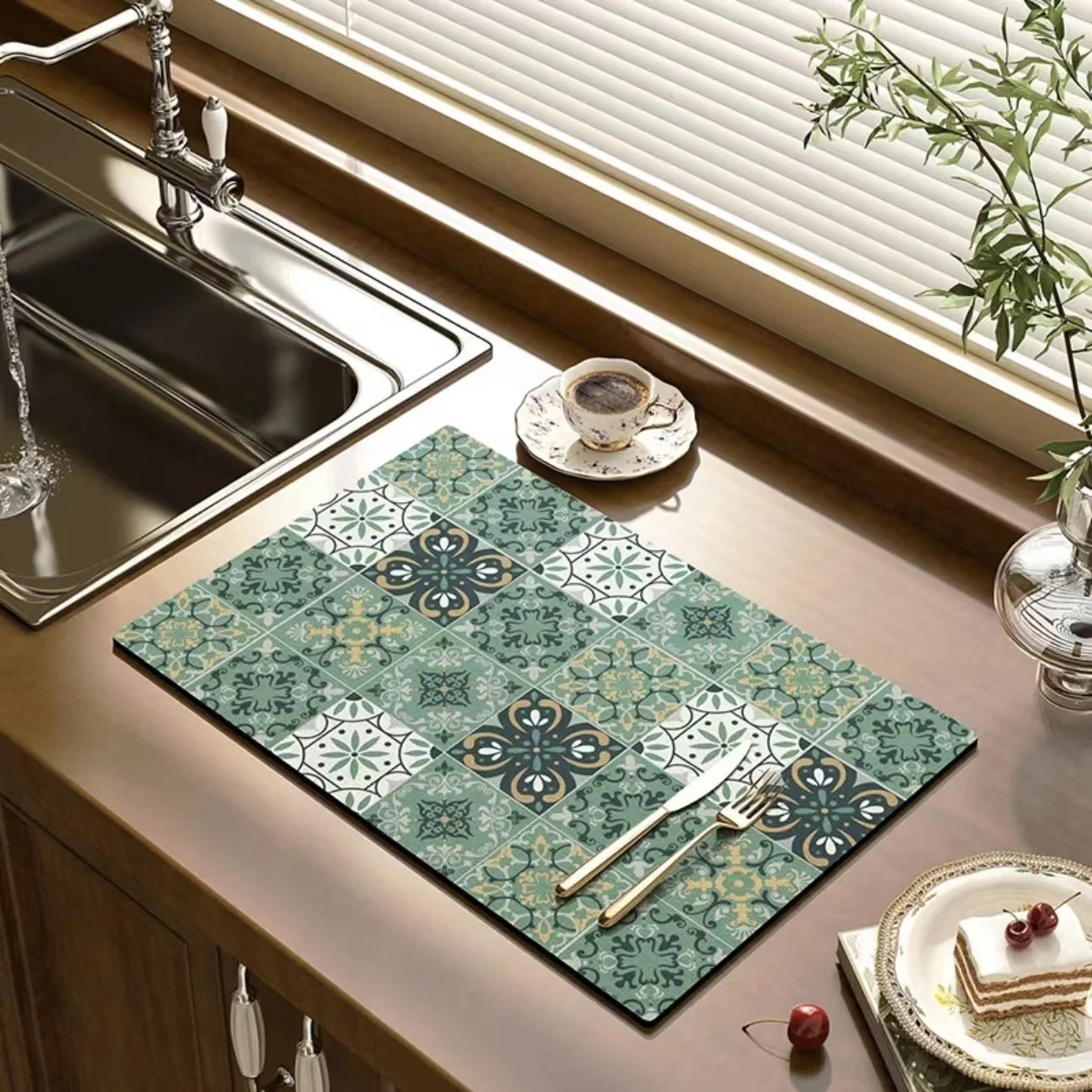 VIKAMA สีดํา Marbling Super Absorbent Tableware จานแห้งห้องครัวขวดพรมกันลื่นหรูหรากาต้มน้ําอาหารเย็น Bar Counte