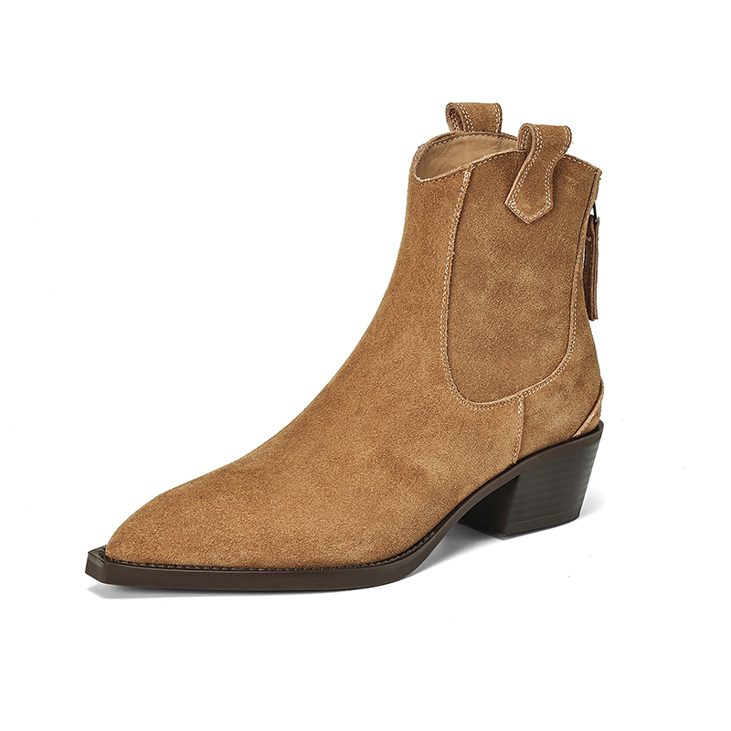 Botas occidentales de gamuza de vaca para mujer, botines Retro de tacón medio con cremallera trasera y punta estrecha, color negro, marrón y caqui, para Otoño e Invierno