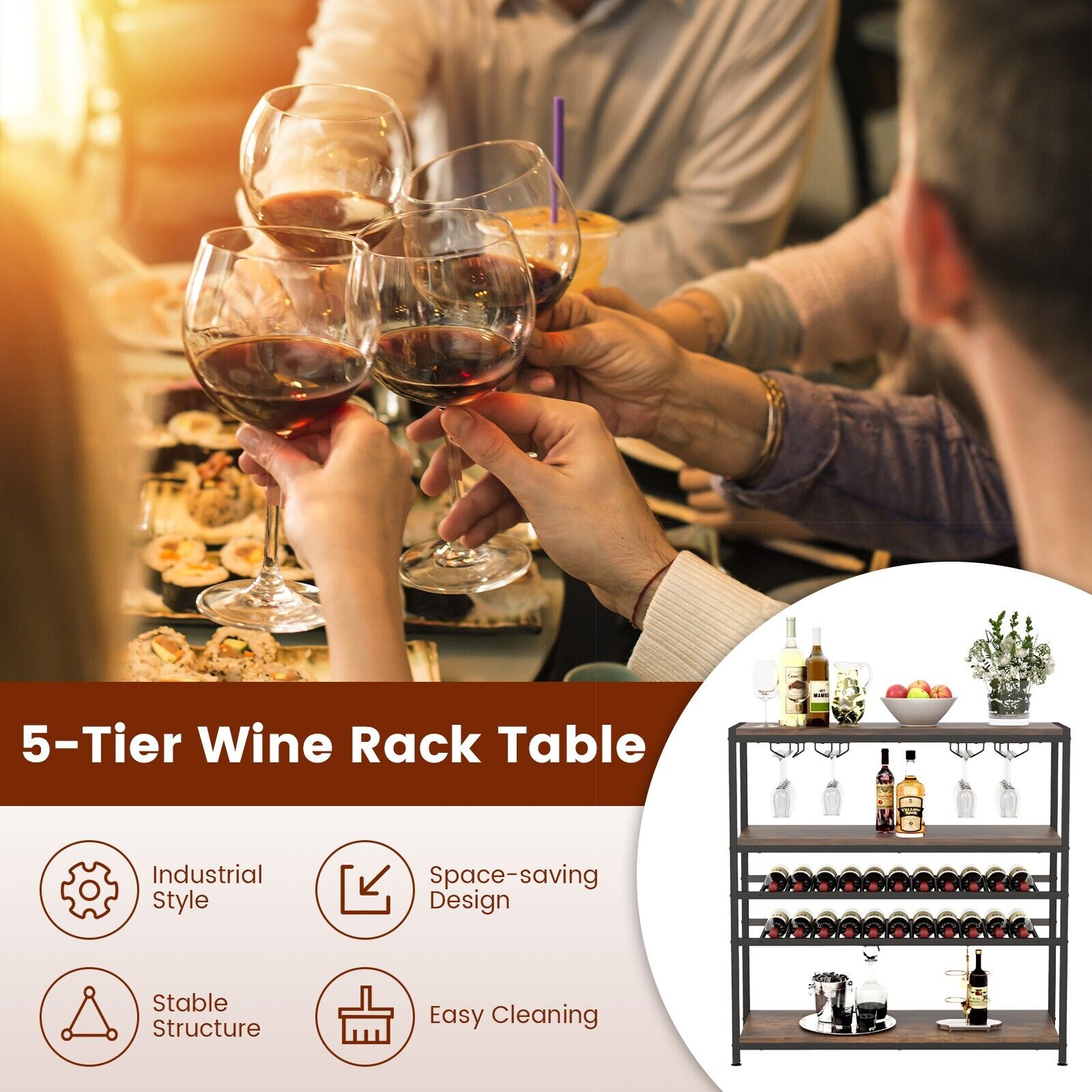 GOFLAME 5-tier Wine Rack Table Freestanding Bar Wine Racks With 4 Rows of Glass Holders