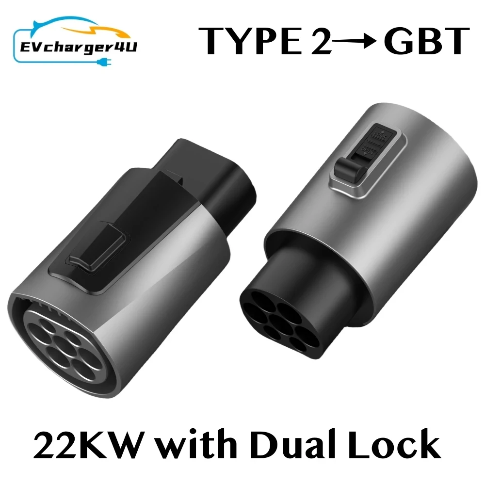 Evcharger4u iec62196 tipo 2 para gbt ev adaptador trifásico 32a 22kw com hock duplo para marca chinesa ev conversor adaptador de carregamento