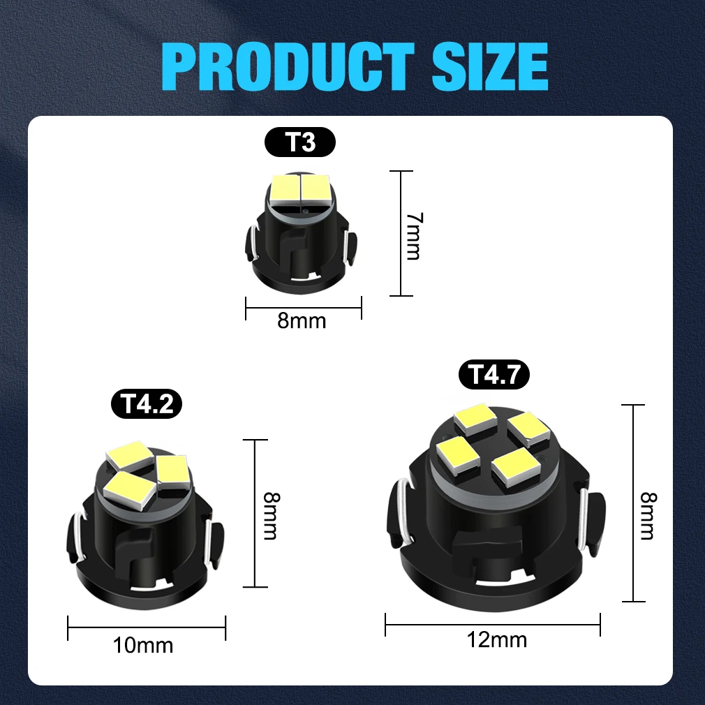 10 Uds Canbus T3 LED T4.2 T4.7 bombilla Led luces interiores de coche indicador cuña tablero calentamiento lámpara de instrumento automático DC 12V