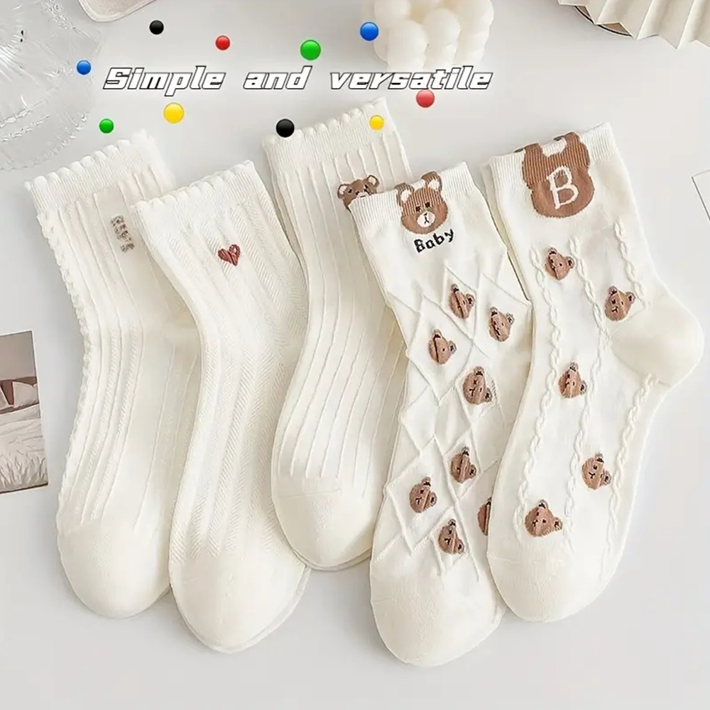 5 paia/lotto di calzini girocollo da donna simpatico cartone animato moda casual autunno Kawaii calzini da ragazza di media lunghezza di alta qualità regalo