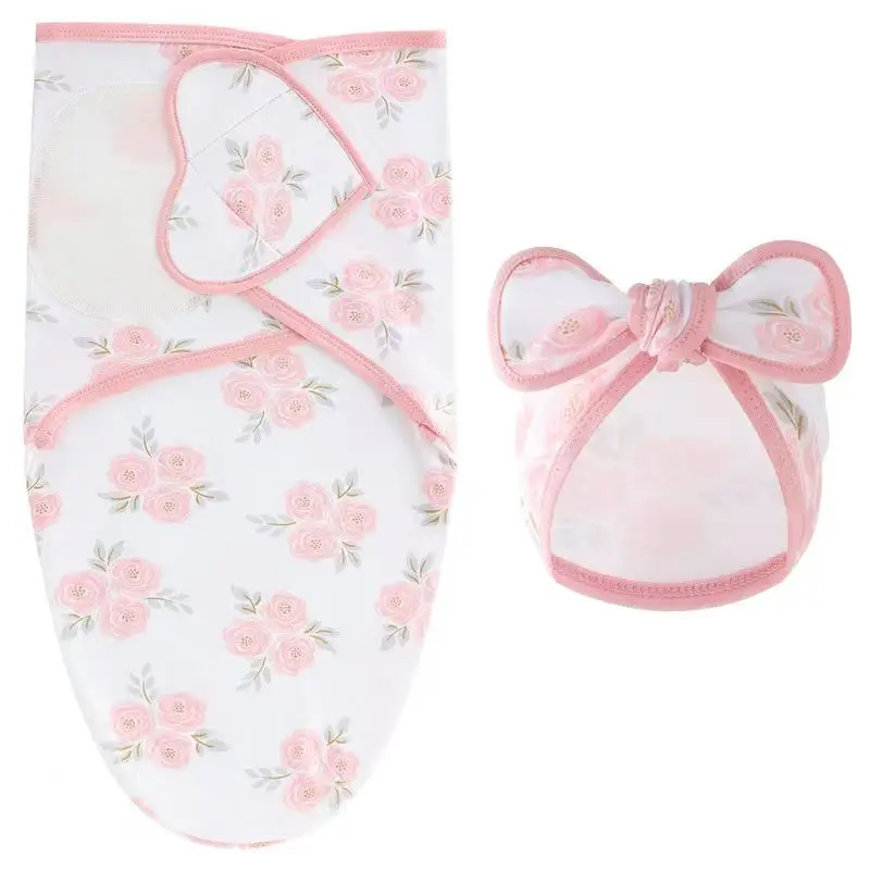 Baby Blanket Hat Set Cartoon Printed Cotton Newborn Swaddle Adjustable Infant Sleeping Swaddle Wraps All Seasons 0-6 Months