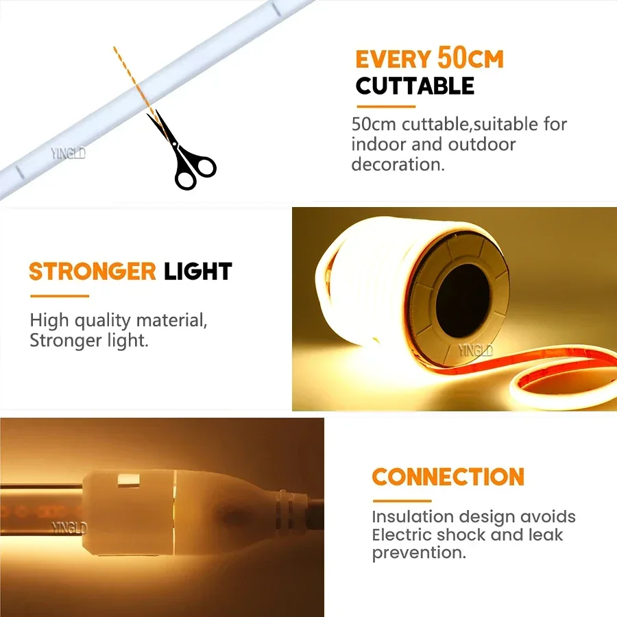 높은 밝은 220V COB LED 스트립 빛 110v 스위치/디밍이 가능한 RA90 유연한 네온 테이프 주방 캐비닛 조명 방수 정원