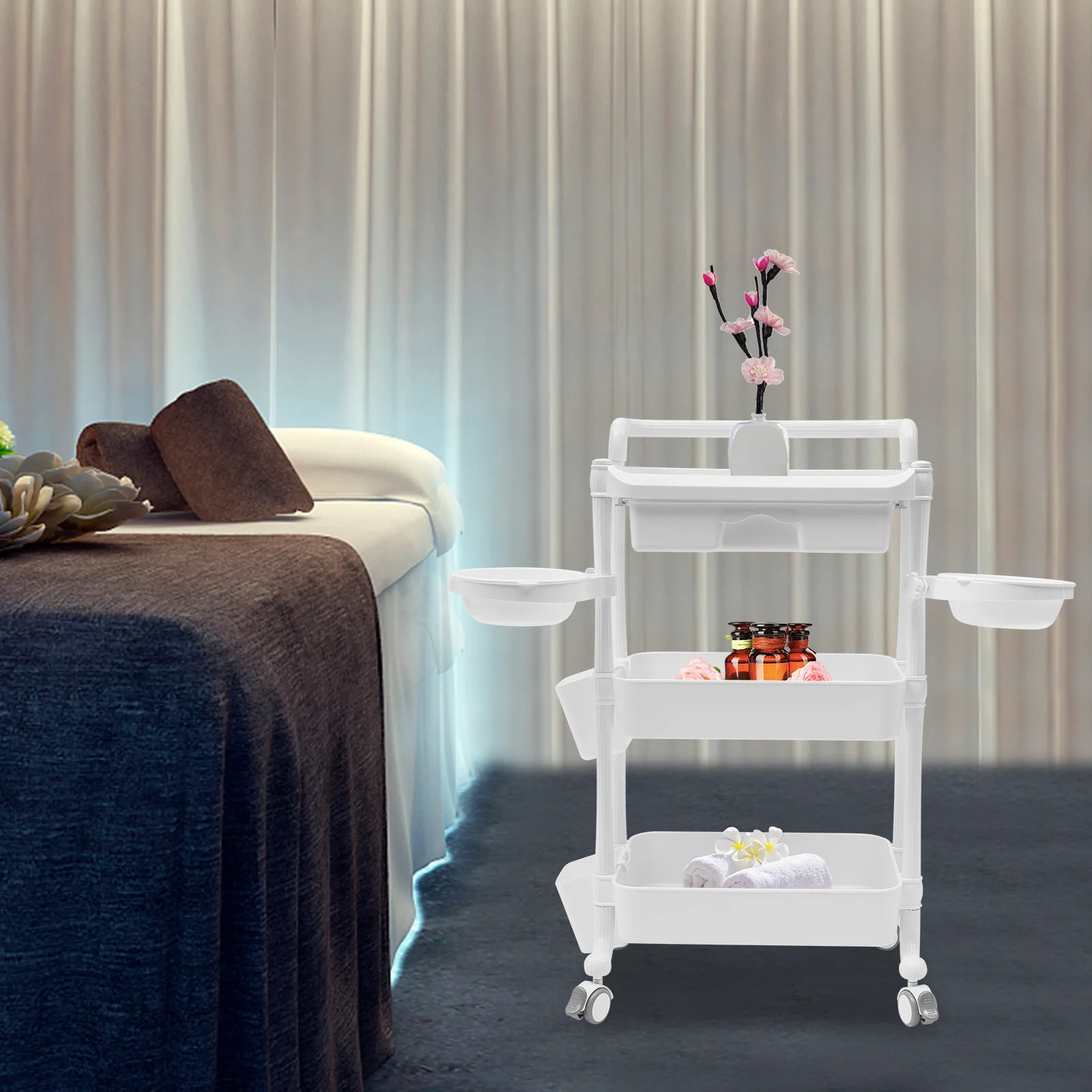 3 Tier Beauty Salon Rolling Trolley Wheelcart Utility Carts with Dirt Buckets Drawers 360°Rotate Wheels