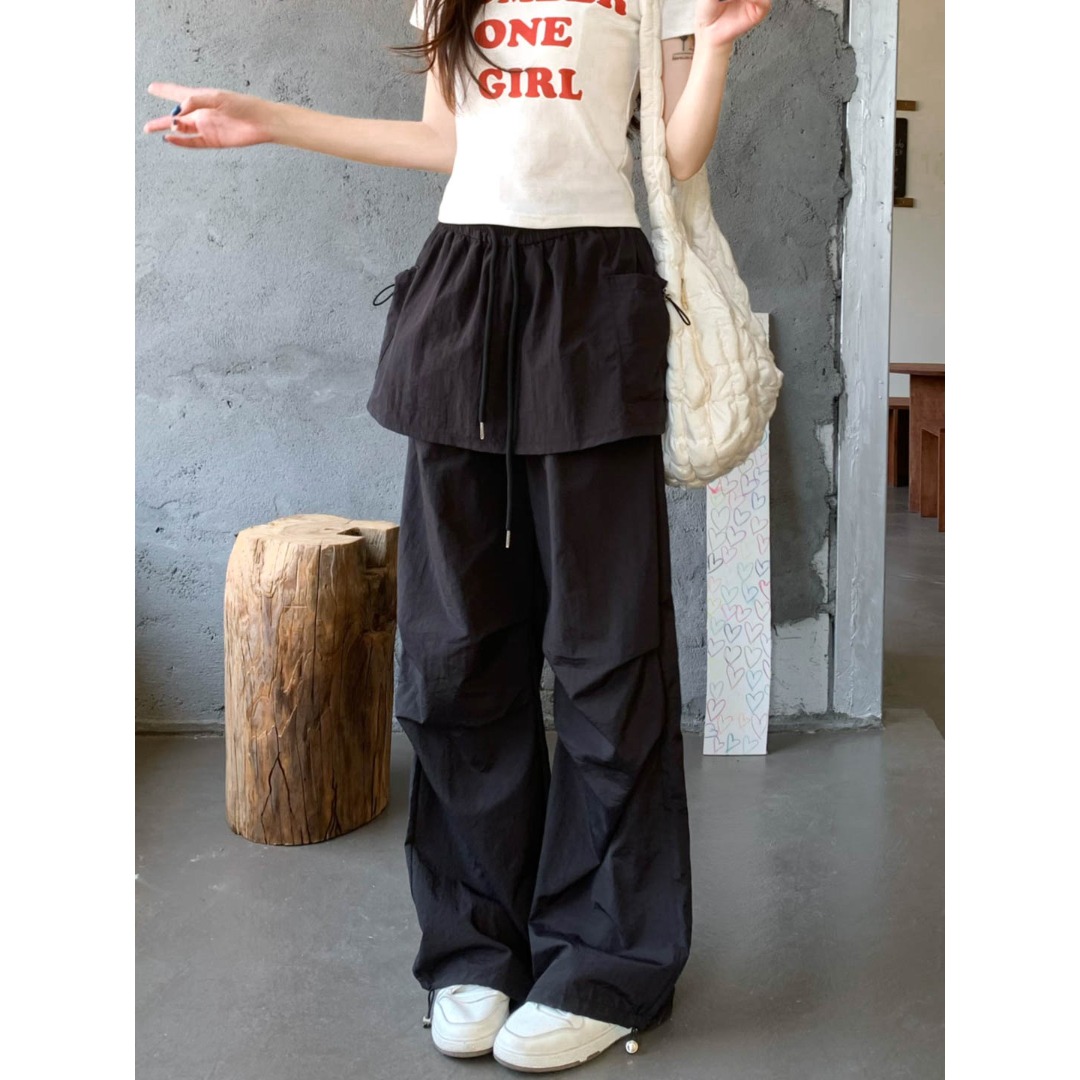 High Waist Wide Leg Casual Pants Retro Fake Two-Piece Versatile High Waist Casual Pants for Women Polyester Fiber 00%
