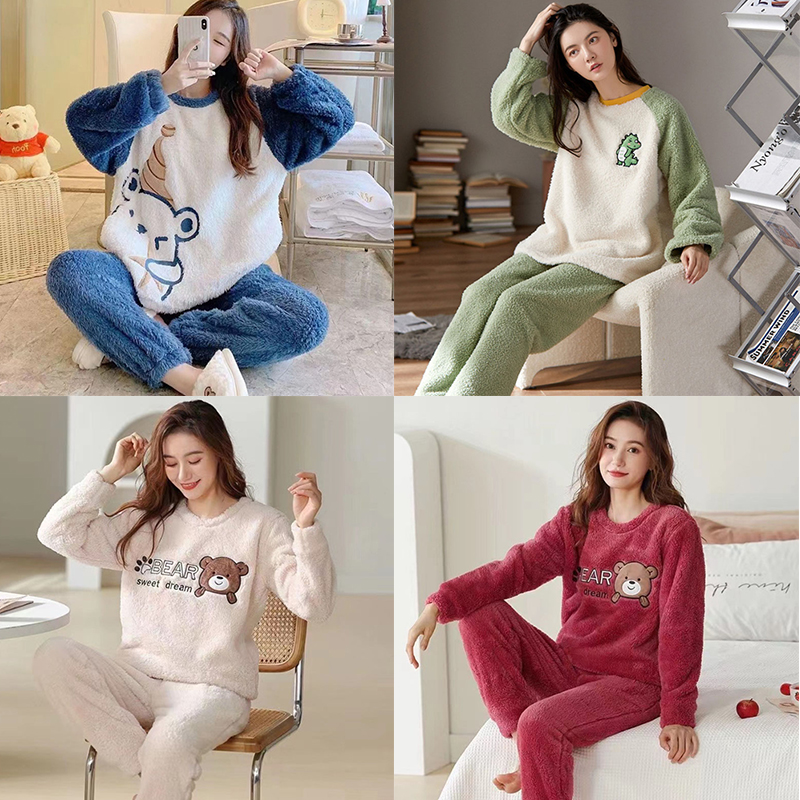 Verdikt warm flanel dames nachtkleding koraal fluwelen pyjama winter schattige cartoon beer gewatteerd twee sets meisjes nachtkleding loungewear