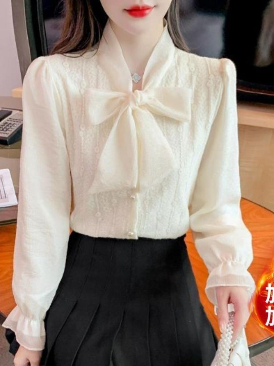 女性のフリース裏地 V ネックシャツ蝶ネクタイレース長袖底トップ秋冬デザインセンセーションベルボトム